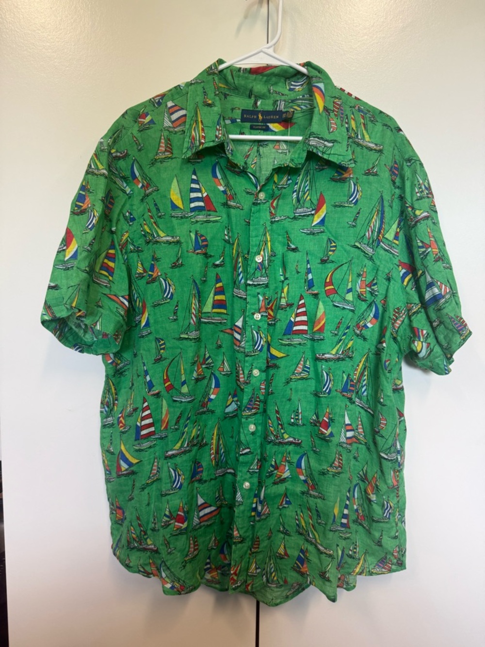 Ralph Lauren EUC green linen sailboat regatta button down shirt. Summer. Preppy
